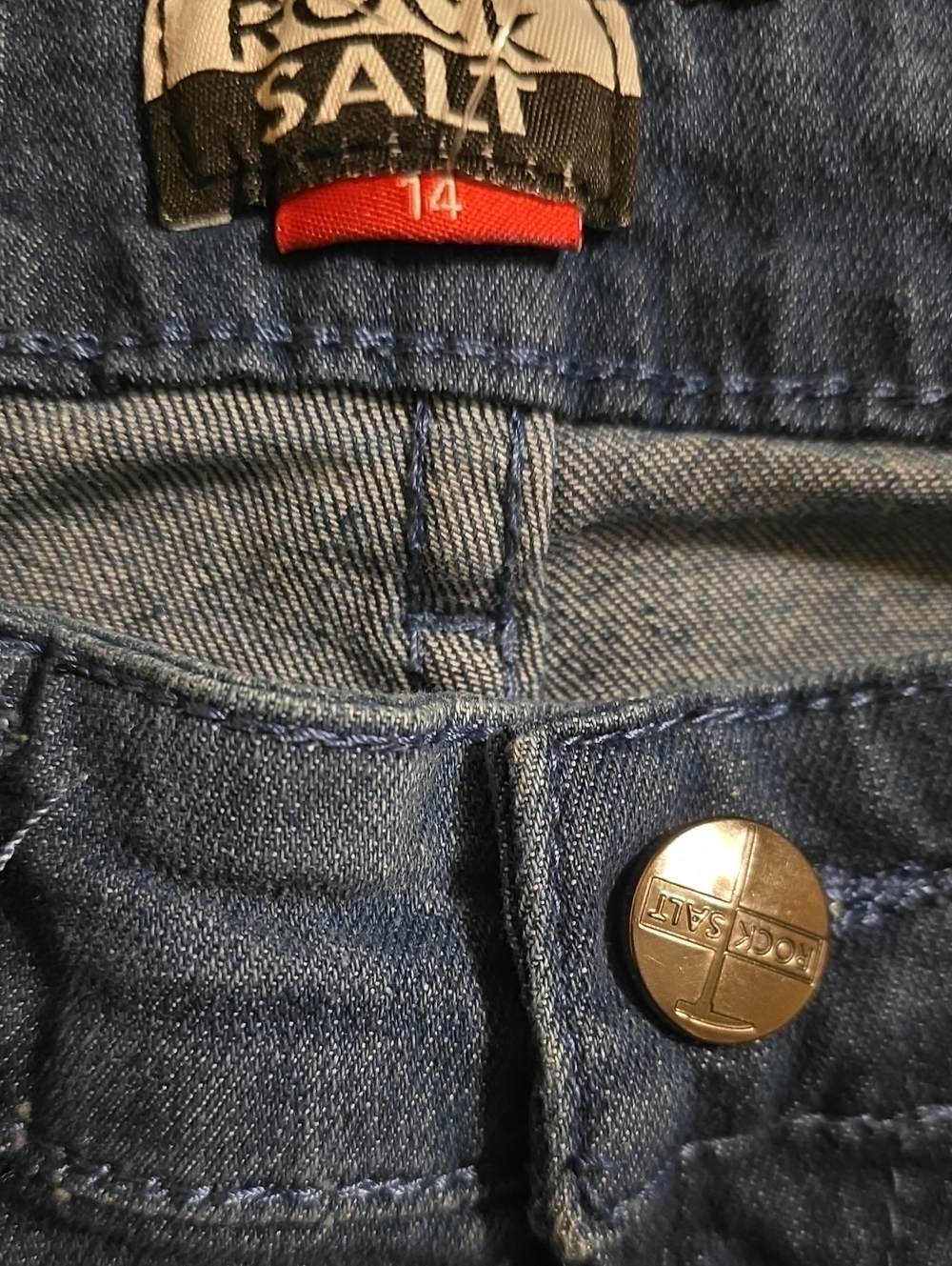 Rock Salt Jeans Boy's Size 14 Blue White Rip + Repair Whiskering Cool